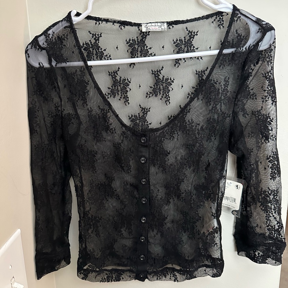 Free People Black Sheer Lace Button-Up Top